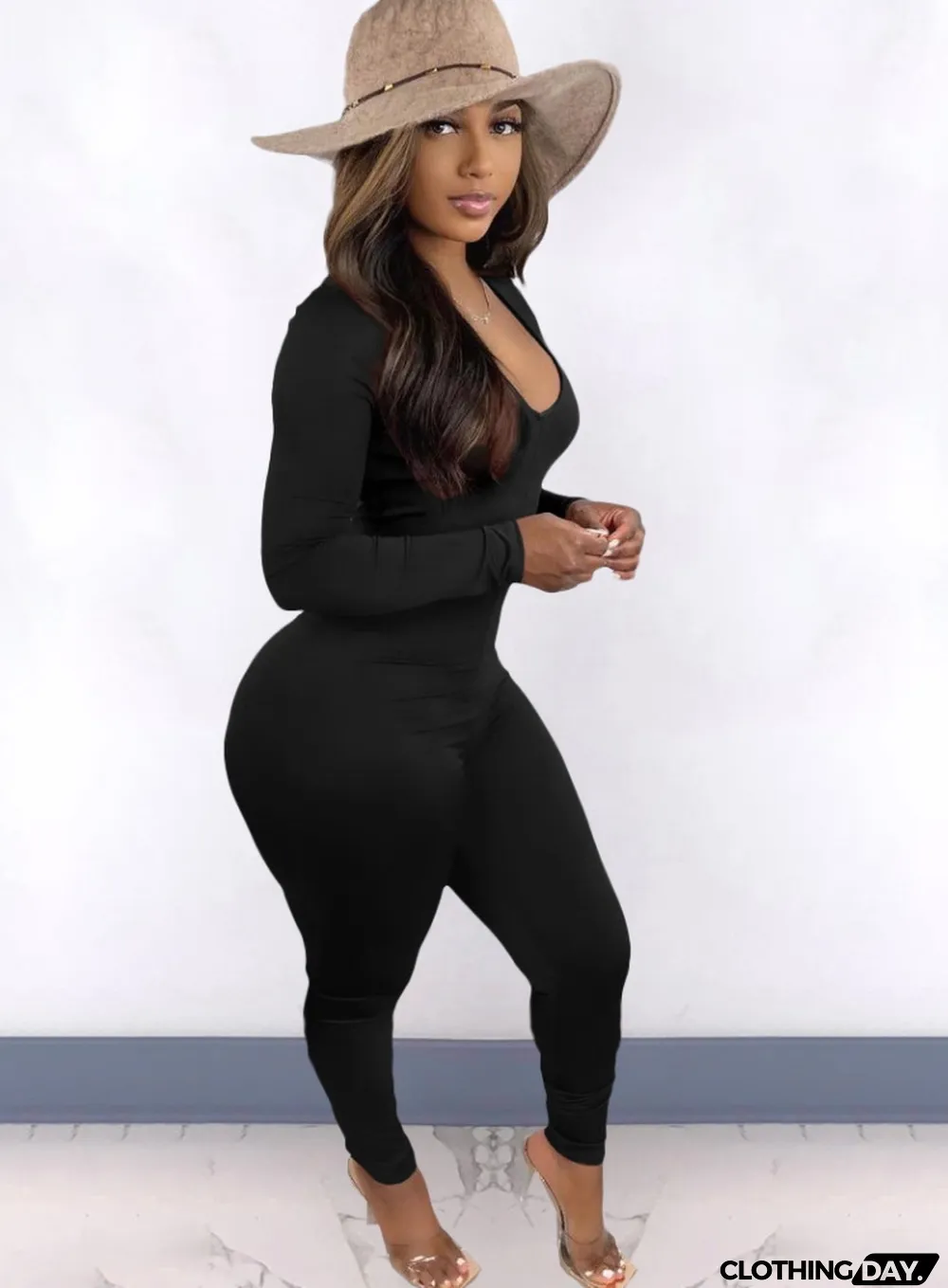 Spring Black Sexy Cut Out Scrunch Long Sleeve Party Jumpsuit