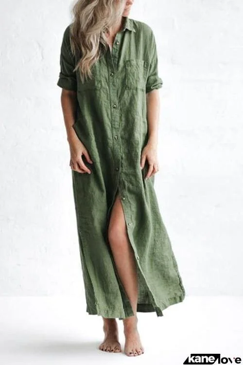 Linen Button Pockets Shirt Maxi Dress