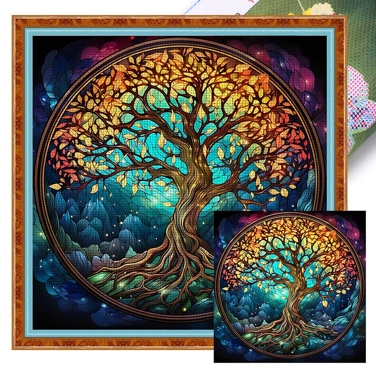 【Huacan Brand】Glass Art - Tree Of Life 14CT Stamped Cross Stitch 40*40CM