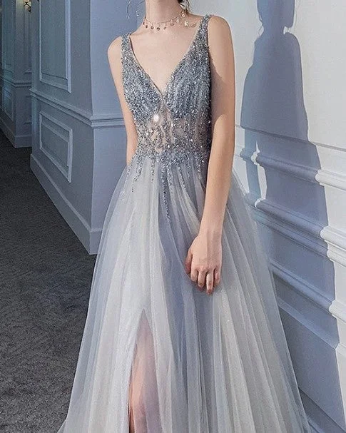 Elegant V-Neck Backless Gray Silver Prom Dress SP18788