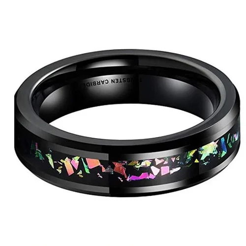 6MM 8MM Men's or Women's Tungsten Carbide Wedding Rings Black With Rainbow Fragments Inlay