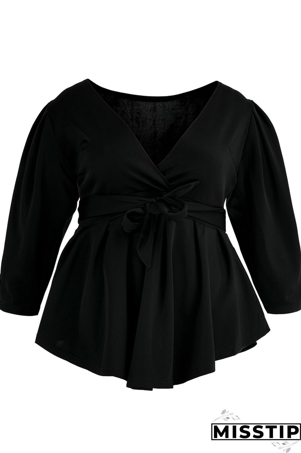 Black Fashion Casual Solid Bandage V Neck Plus Size Tops