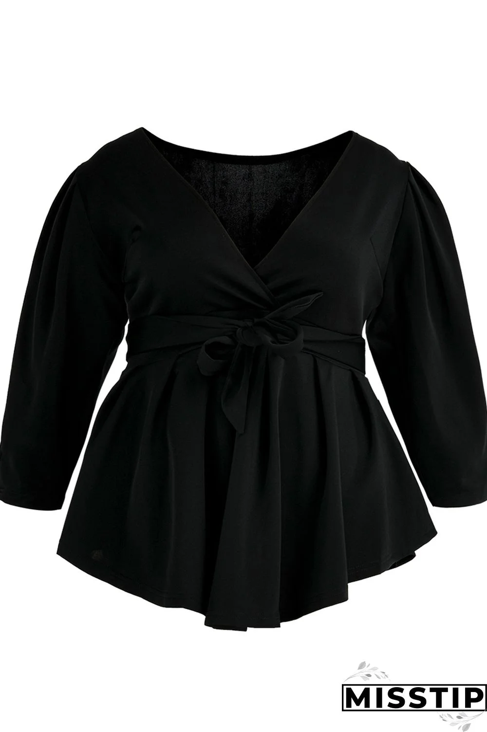 Black Fashion Casual Solid Bandage V Neck Plus Size Tops