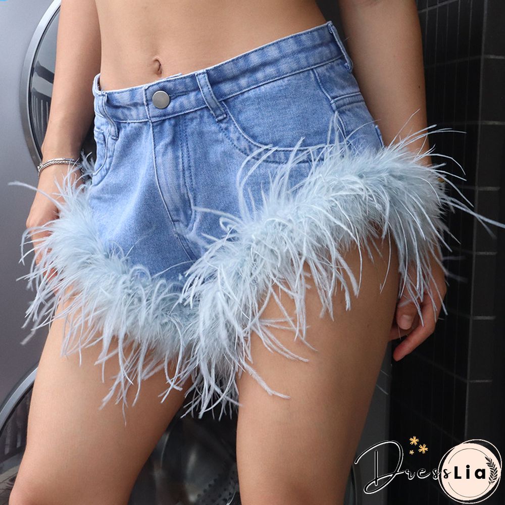 High Waist Feather Fur Patchwork Denim Shorts