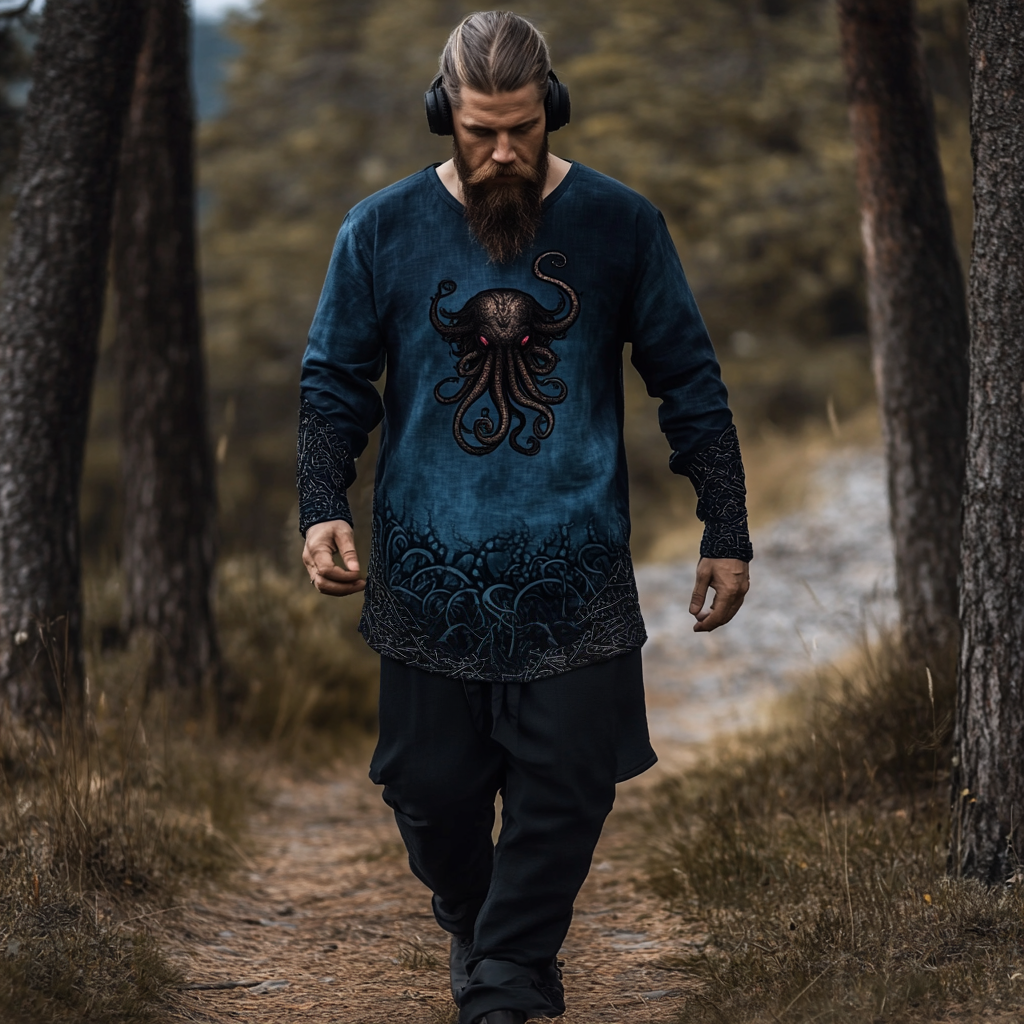 Men's Vintage Cthulhu Celtic Linen Long Sleeve T-shirt