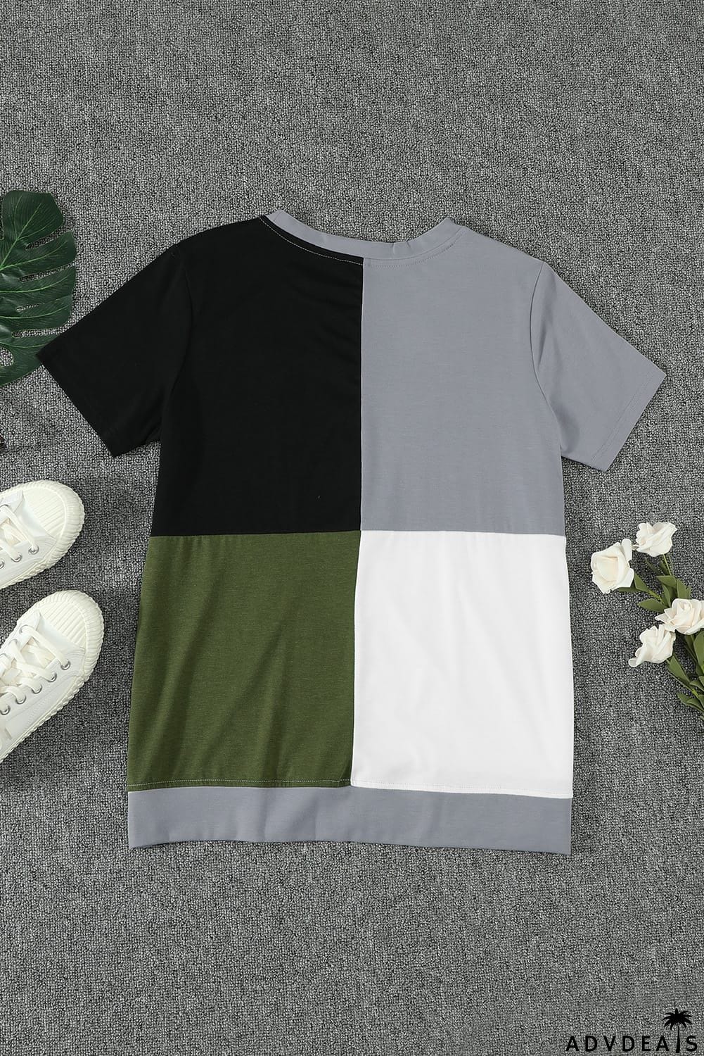 Women's Casual Army Green Colorblock Short Sleeve T-shirt with Slits