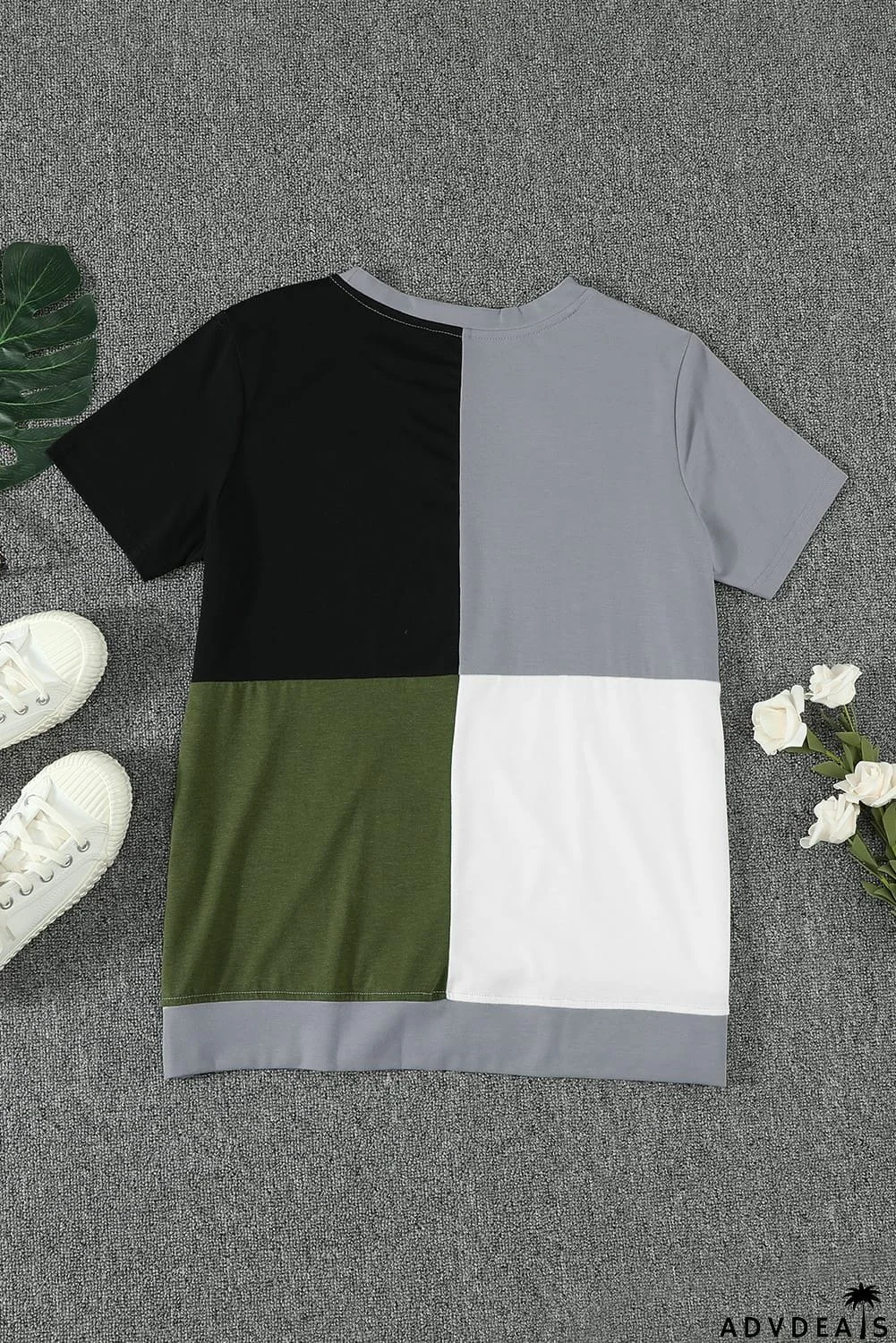 Women's Casual Army Green Colorblock Short Sleeve T-shirt with Slits