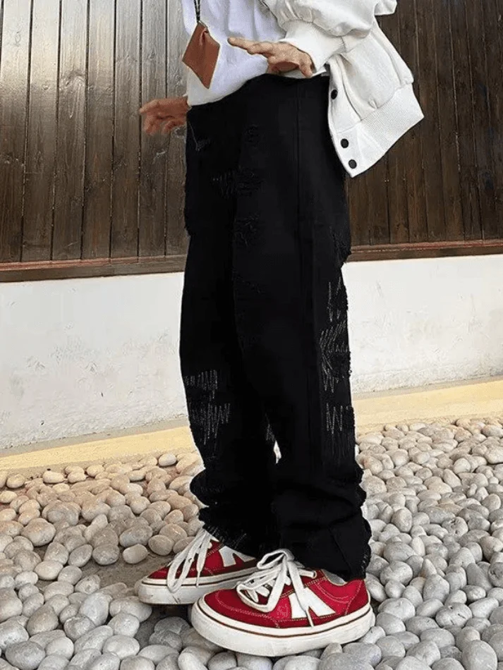 Brownm Men's Stitch Detail Distressed Black Loose Jeans