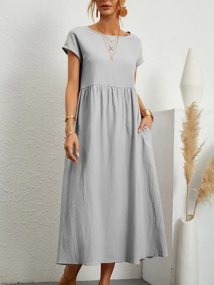 Uveng Uveng Solid Color Sleeveless Loose Cotton Into Pocket Dress