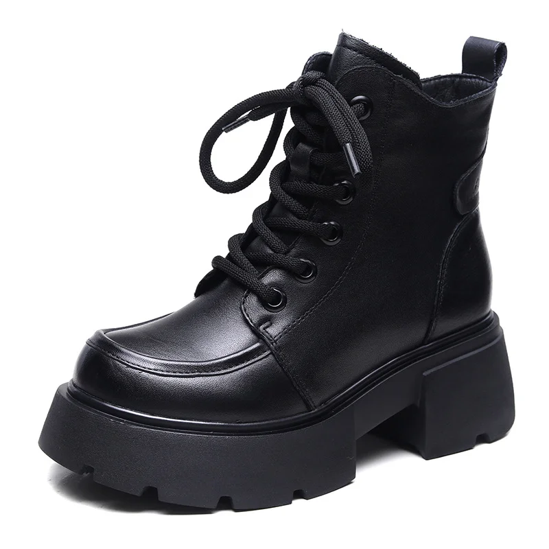 Yyvonne Layer Of Cow Skin English Wind Martin Boots 2025 Autumn And Winter New Round Head Thick Bottom Increase Plus Velvet Warm Short Boots