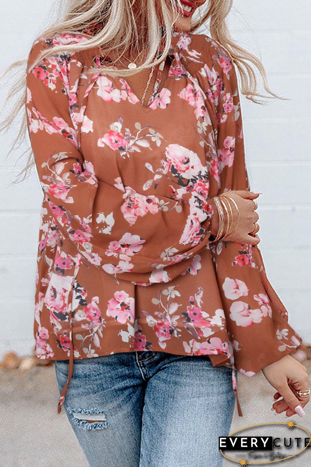 Multicolor Split V Neck Bubble Sleeves Floral Shift Top