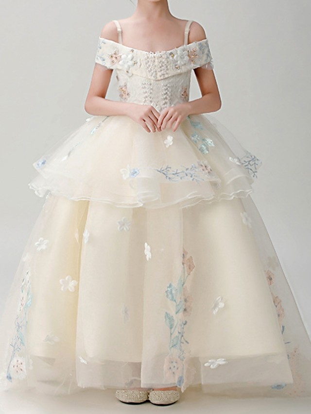 Dresseswow Short Sleeve Spaghetti Strap Ball Gown Flower Girl Dress With Appliques