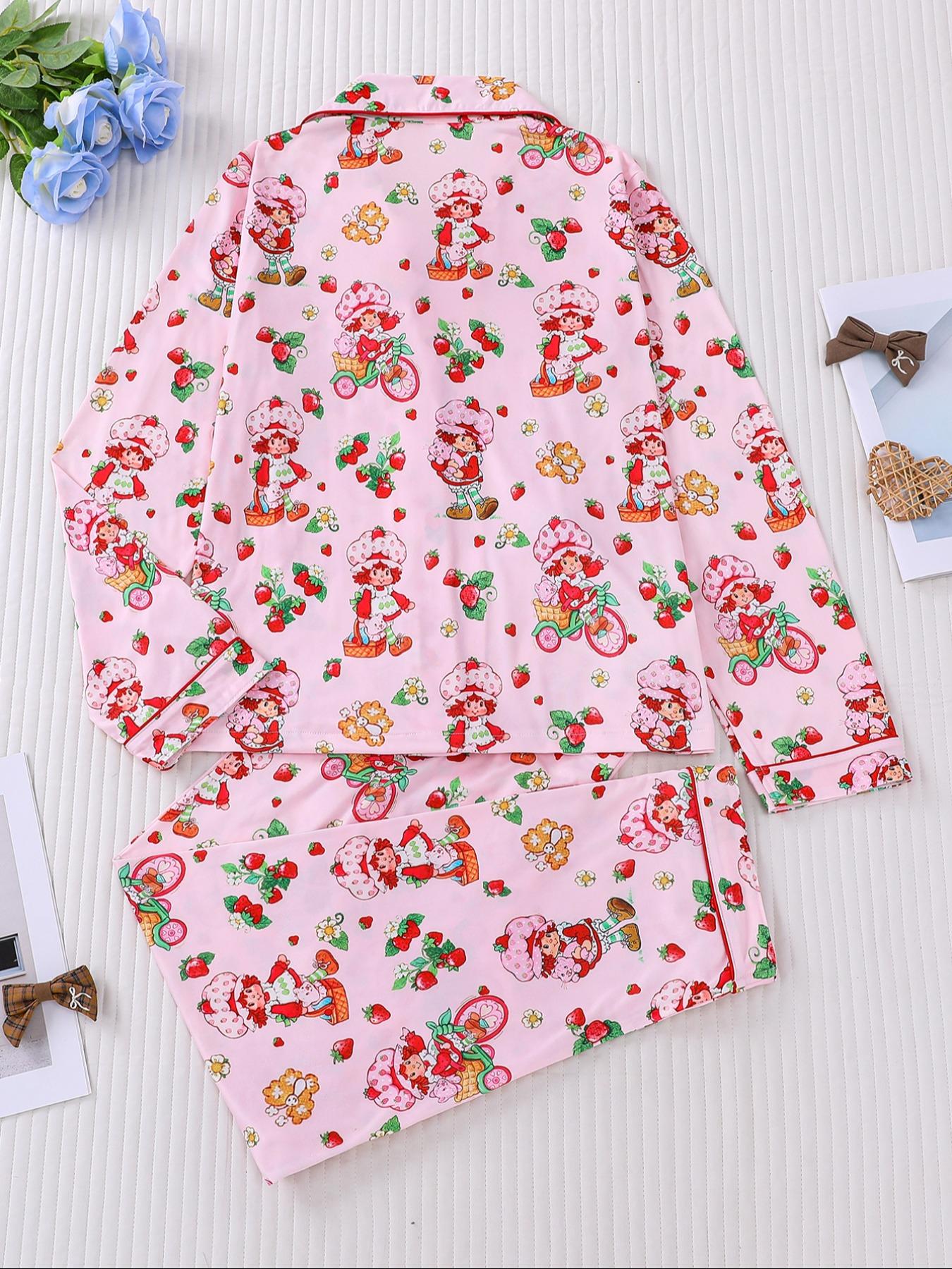 Women's Cute Strawberry Pattern Print Sleepwear Set, Long-Sleeve Button-Up Top & Elastic-Waist Pants, Casual Fall Winter Pajamas Pjs, Comfortable Home Wear Loungewear