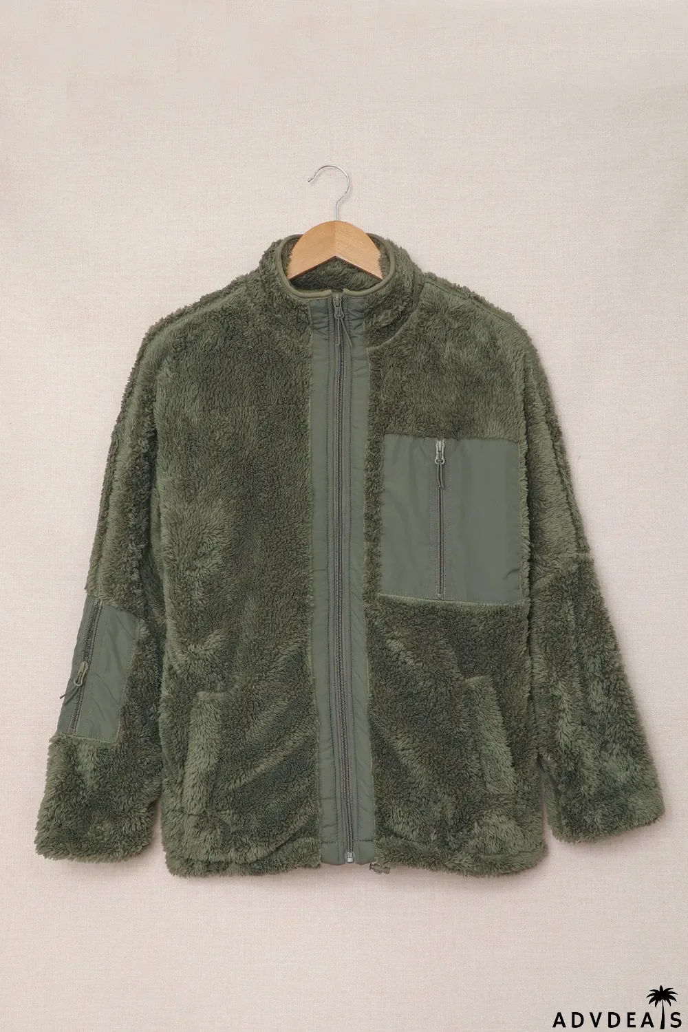 Zip Up Sherpa Coat With Pocket