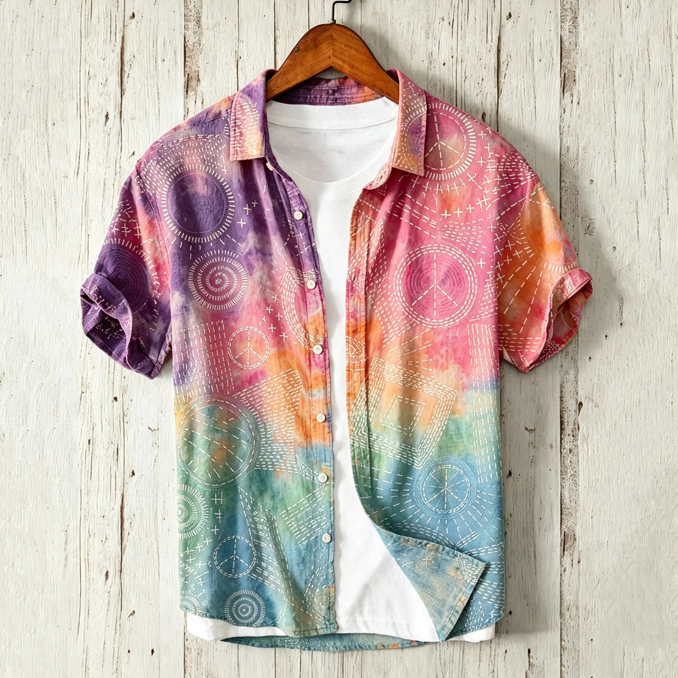 Comstylish Men's Hippie Peace Traditional Sashiko Gradient Art Linen Blend Shirt