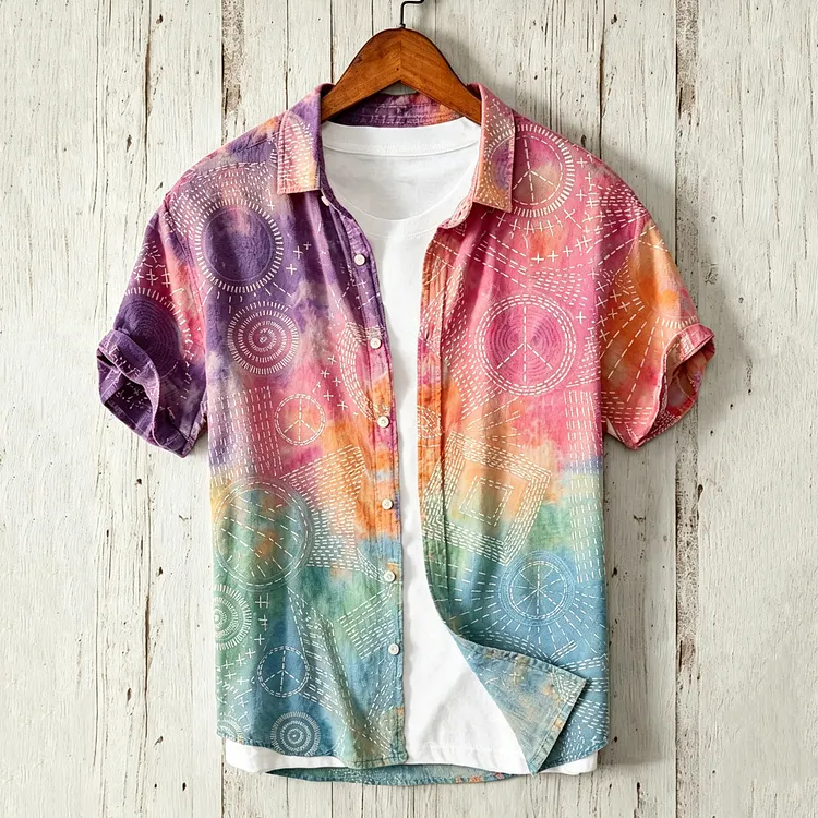 Men's Hippie Peace Traditional Sashiko Gradient Art Linen Blend Shirt