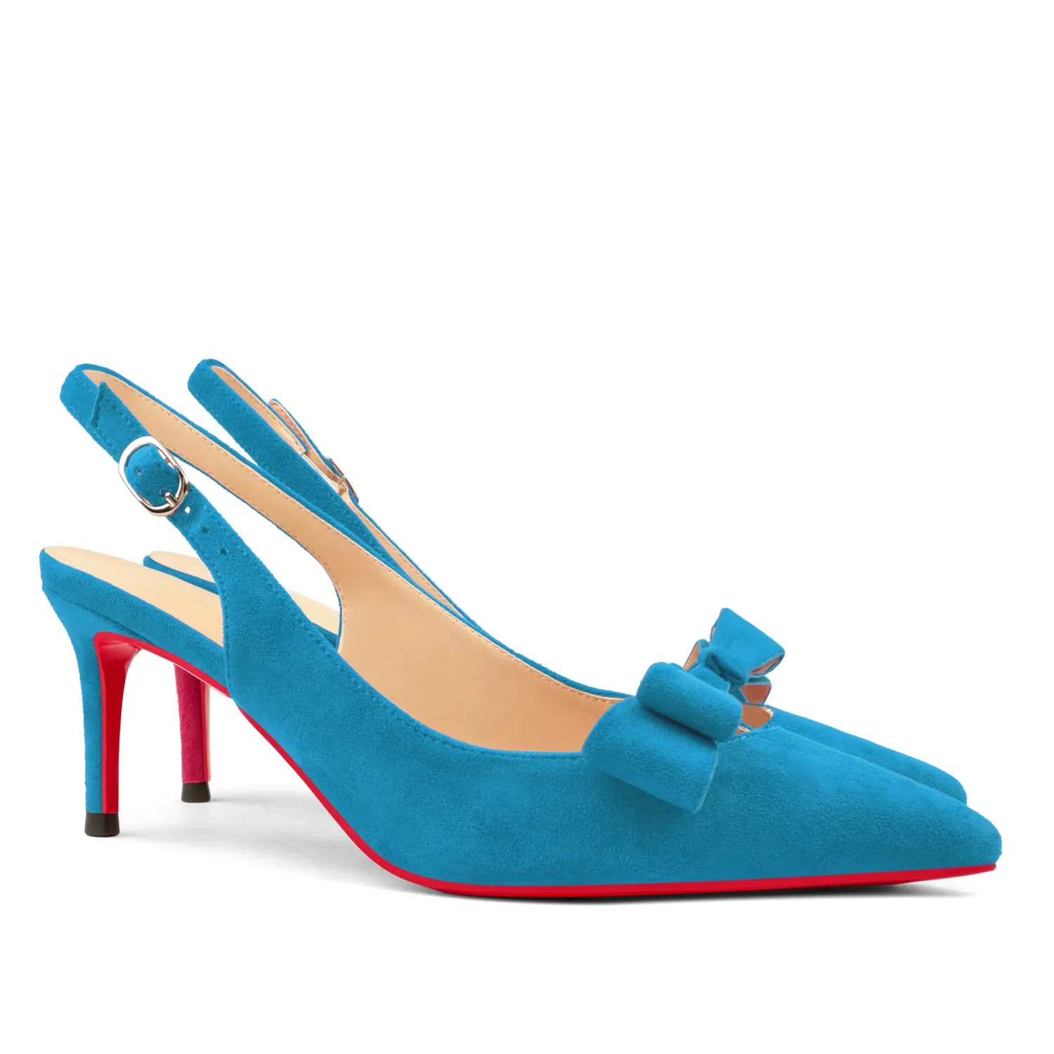 65mm Women's Pointed Toe With Bows Kitten Stillettos Slingback Red Bottoms Prom Suede Sandals-vocosishoes