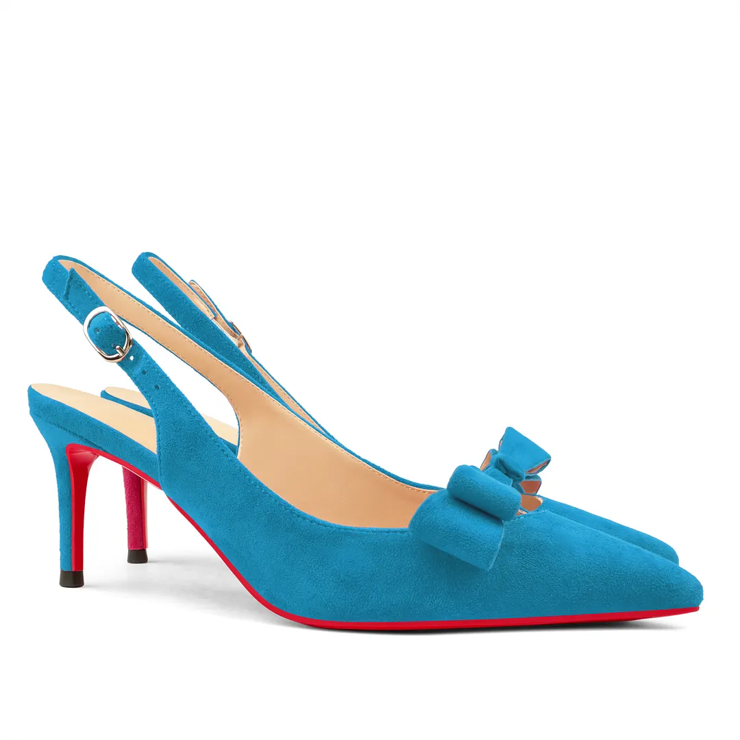 65mm Women's Pointed Toe With Bows Kitten Stillettos Slingback Red Bottoms Prom Suede Sandals-vocosishoes