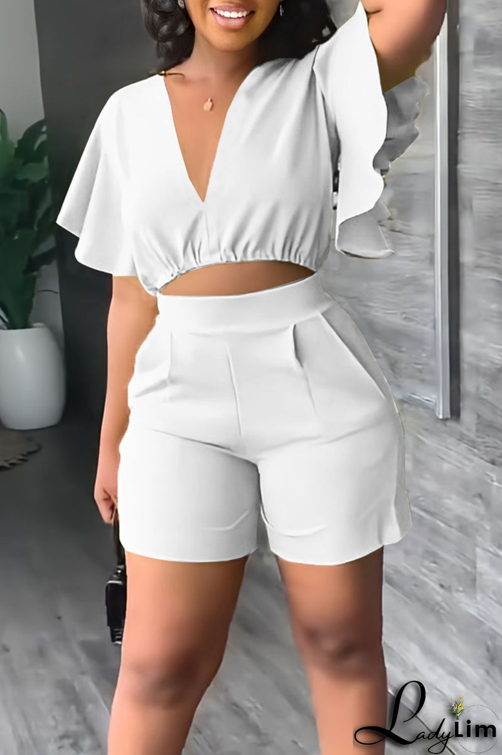 Blue Casual Solid Patchwork Flounce V Neck Short Sleeve Two Pieces