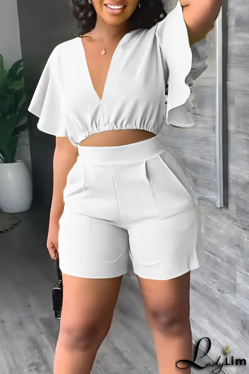 Blue Casual Solid Patchwork Flounce V Neck Short Sleeve Two Pieces