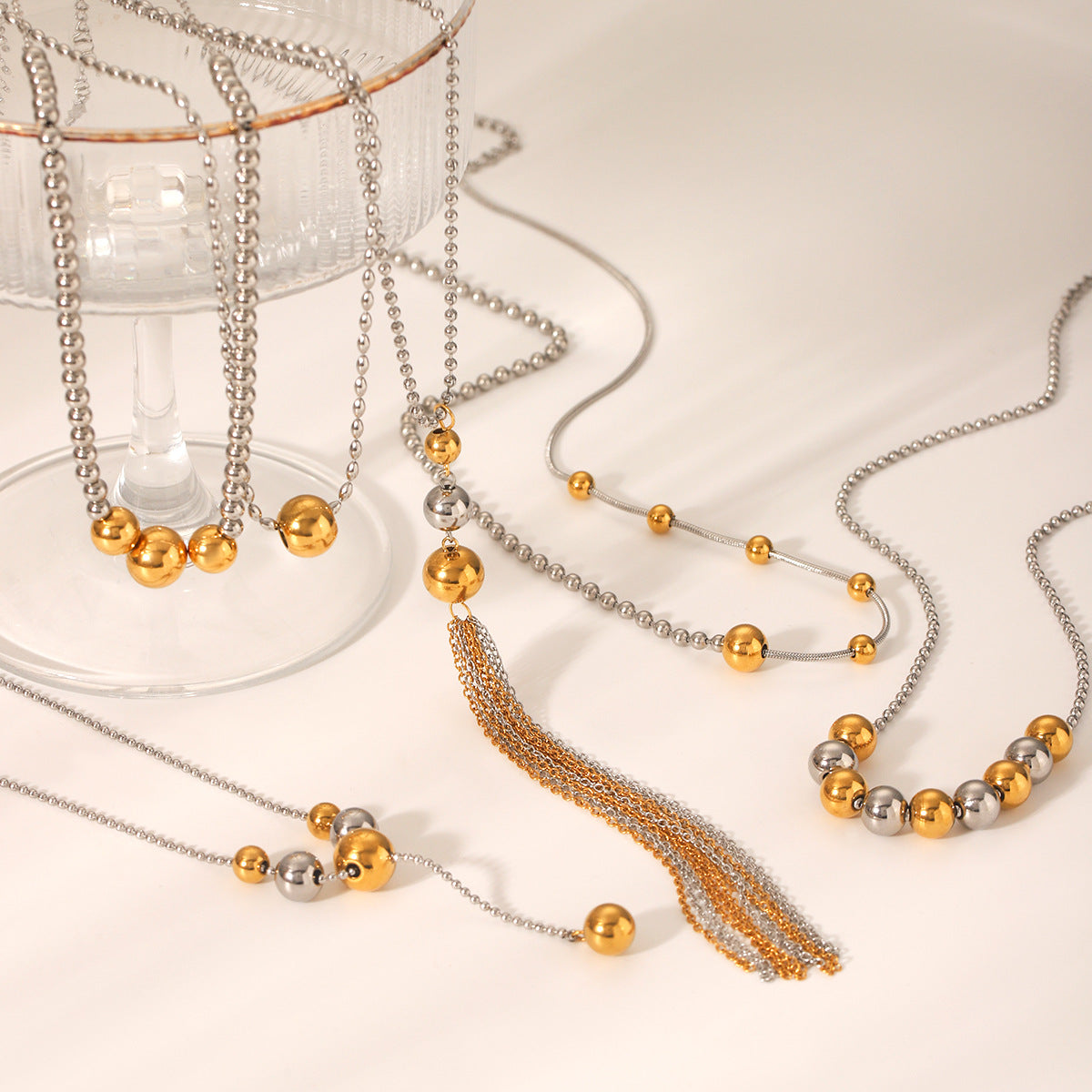 Color Matching Round Bead Necklace Tassel Y Chain 18K Gold Stainless Steel Clavicle Chain Titanium Steel Necklace