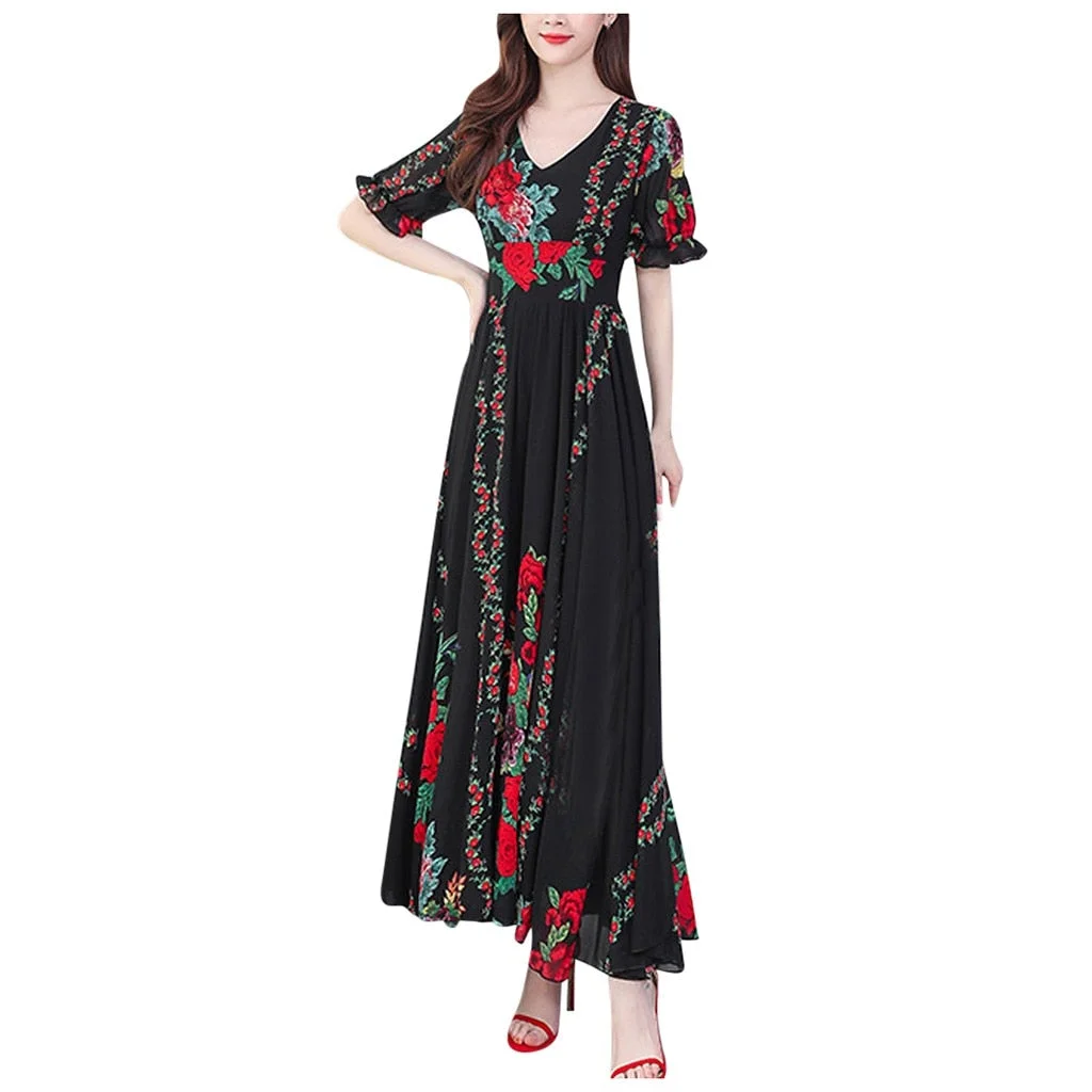 Women Summer Long Dress Fashion Summer Lady V-Neck puff Sleeve Retro Printing Elegant Dress Women Beach Dresses Sukienki NEW