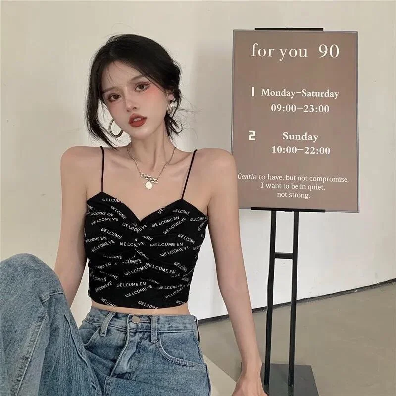 Billionm Women Summer Ice Silk Crop Top Sexy Girl Short Tank Top Female Letter Camisole Underwear Camis 2022