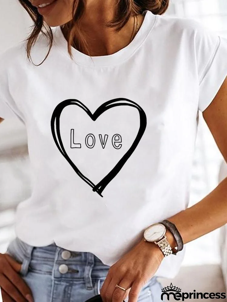 Women Fashion Base Letter Sunflower Cross Print Round Neck Short Sleeve T-Shirt