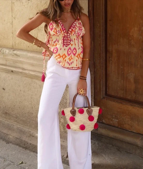 Women's Fashion Versatile Sexy V-Neck Sleeveless Embroidery Beaded Print Short Top