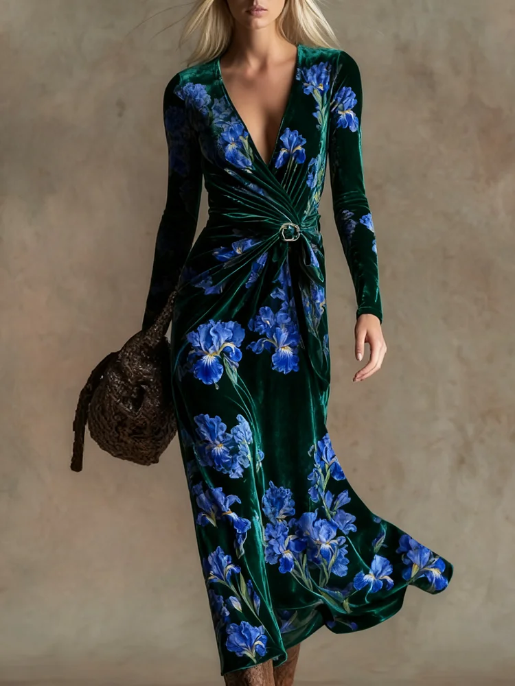 Elegant vintage print V-neck velvet maxi dress