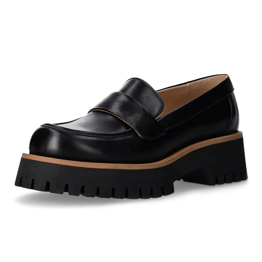 YDN Black Vegan Leather Round Toe Pull-On Chunky Loafers Women
