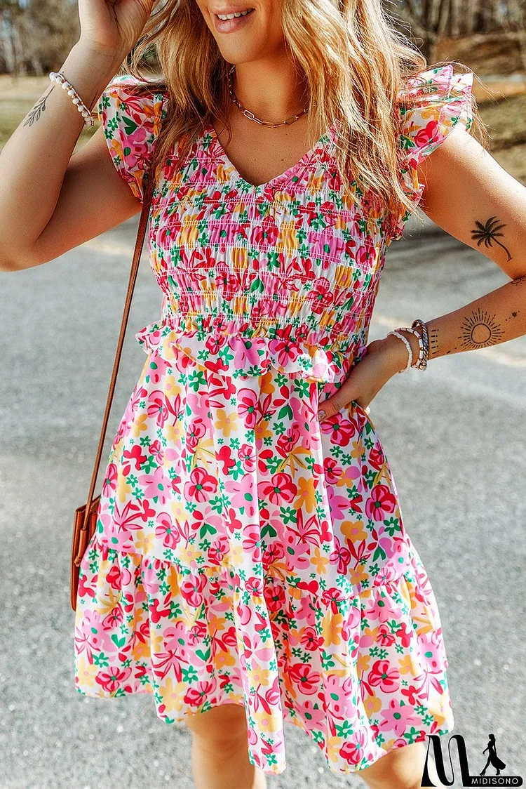 Floral Ruffle Trim Smocked Dress