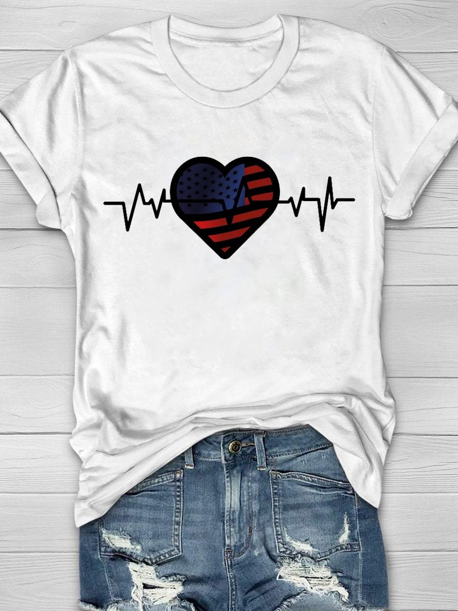 Heartbeat Flag Print Short Sleeve T-Shirt