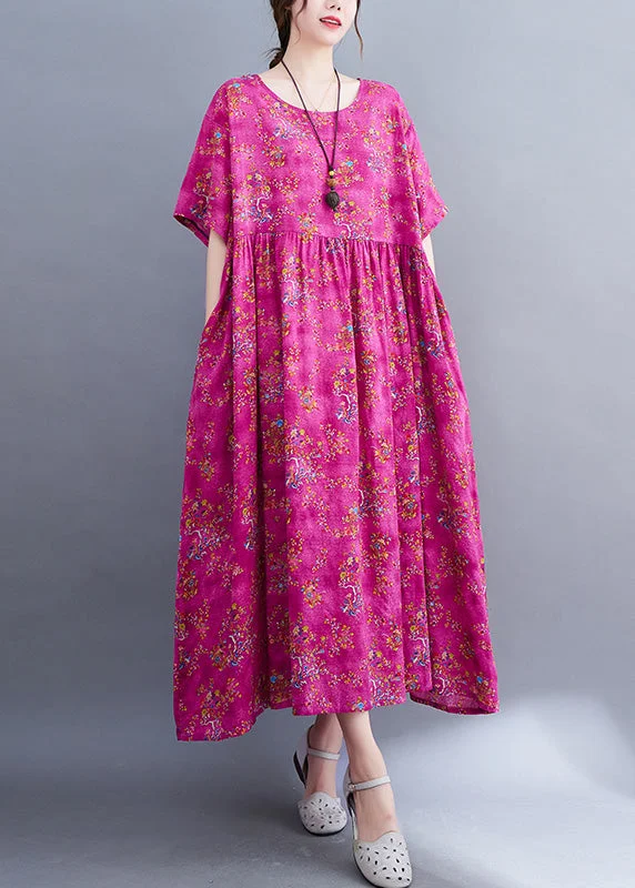 Elegant Rose Print Patchwork Cotton Cozy Long Dress Short Sleeve