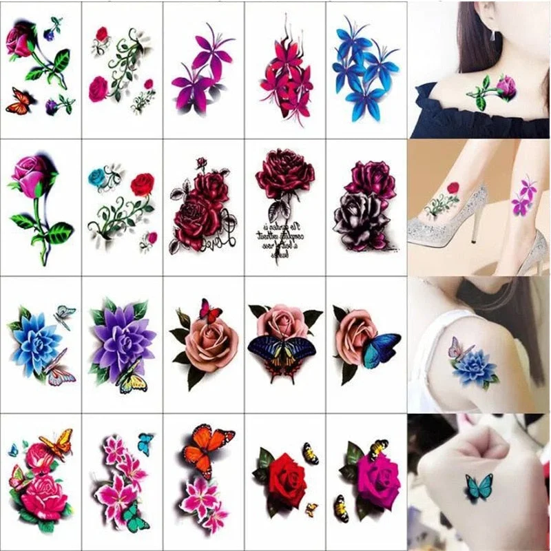 20Pcs/Lot 3D Waterproof temporary Tattoo Sticker Female Black Rose Flower Butterfly Fake Tatto Sticker tatuajes temporales