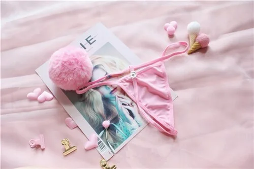 Billionm Cute Lolita Girls Soft Pink Kawaii Rabbit Tail Hair Ball Women Underwear Sexy Pants Erotic Lingerie G String Panties Cosplay