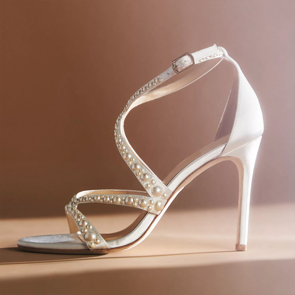 White Open Toe 4'' Stiletto Heel Pearl Strappy Wedding Sandals Nicepairs
