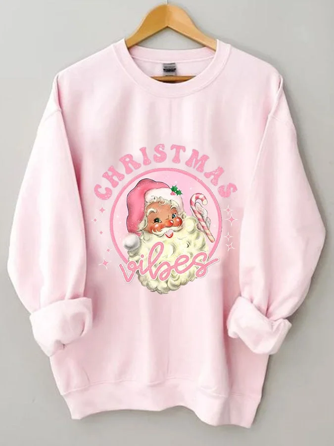 Women's Pink Christmas Santa Print Casual Sweatshirt-mysite