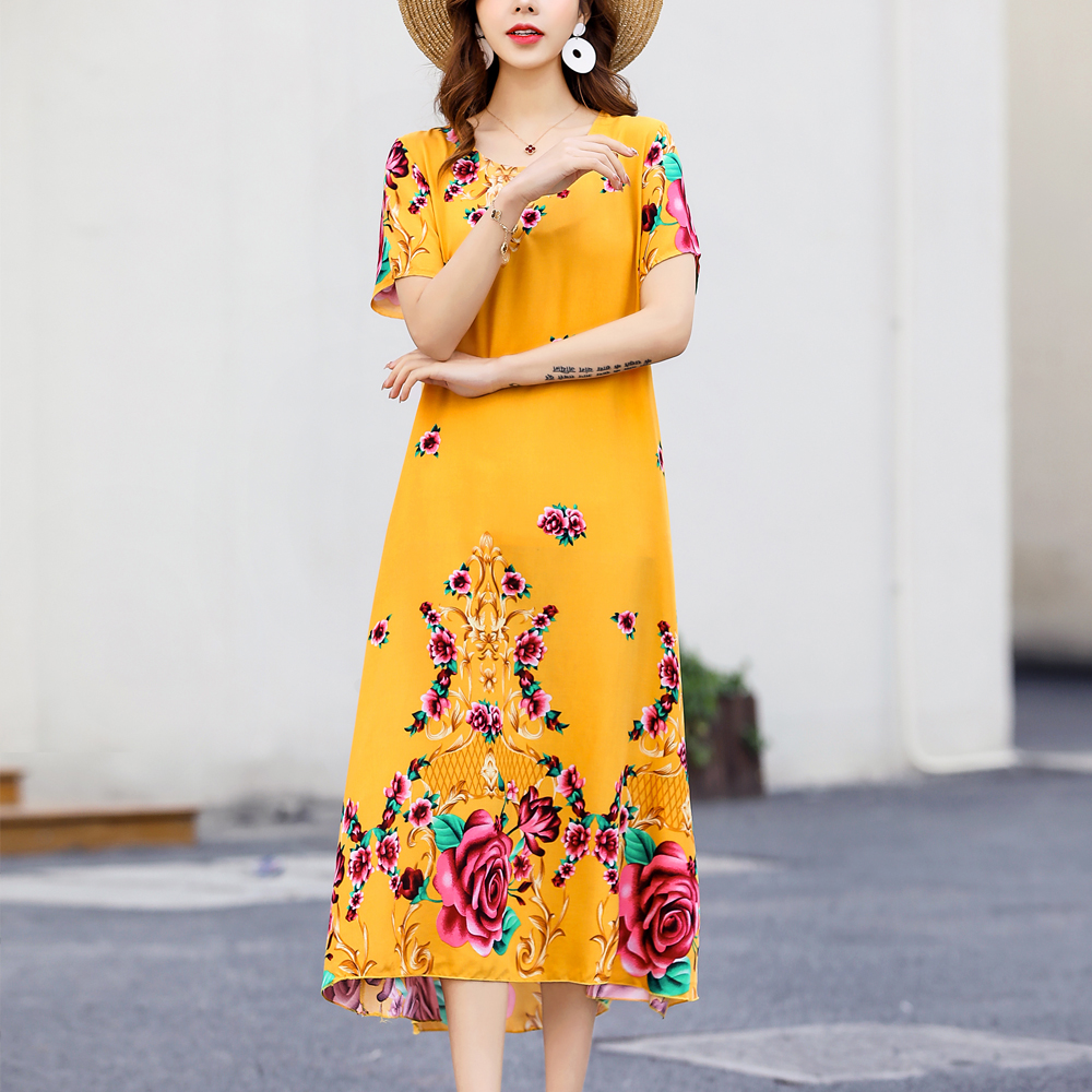 Fashion Vintage Loose Elegant Short Sleeve Casual O-neck Print Floral Dress