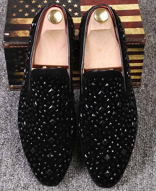 Party Suede Pointed Toe Rhinestone Decor Slip-on Loafers