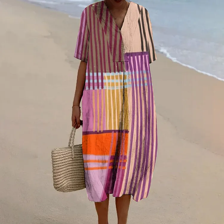 Women's Colorful Stripe Printed Flowy Dress