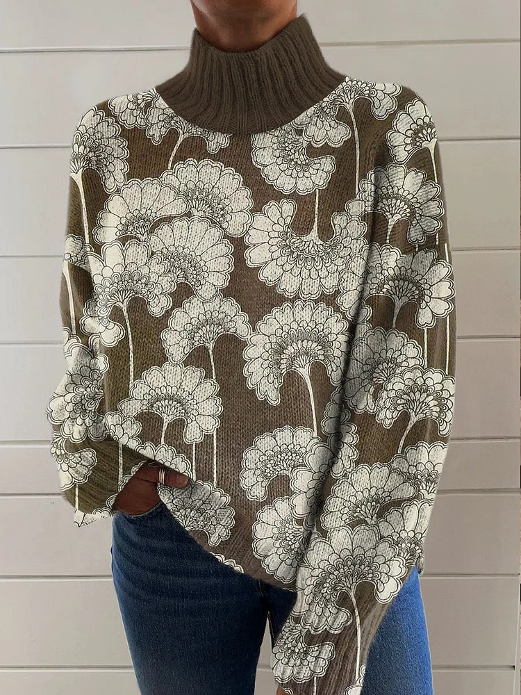 Vintage Flower Art Print Knit Turtleneck Pullover Sweater