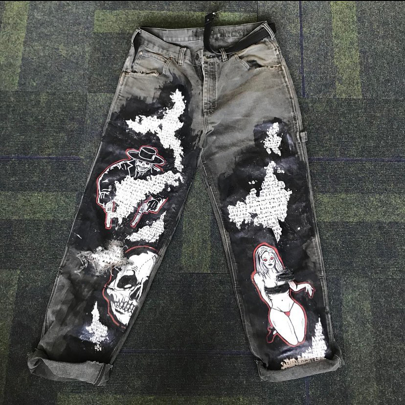 Casual Vintage Skull Print Washed Denim Trousers