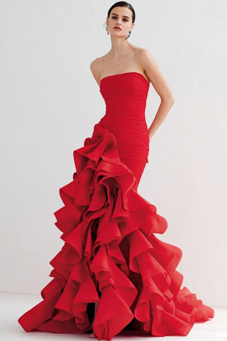 Strapless Voluminous Ruffles Mermaid Maxi Dress-Red [Custom-Made]