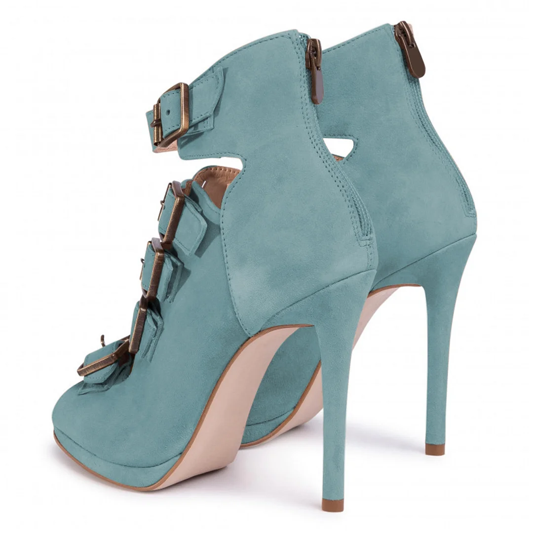Blue Faux Suede Platform Back-Zip High Heel Gladiator Sandals