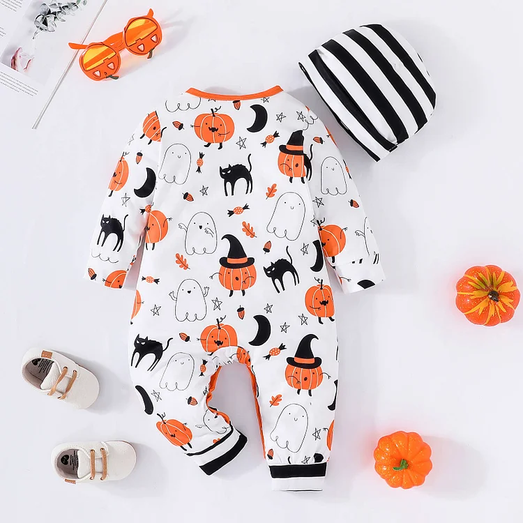 2pcs Baby Wacky Pumpkin Cartoon Print  Romper with Hat Set