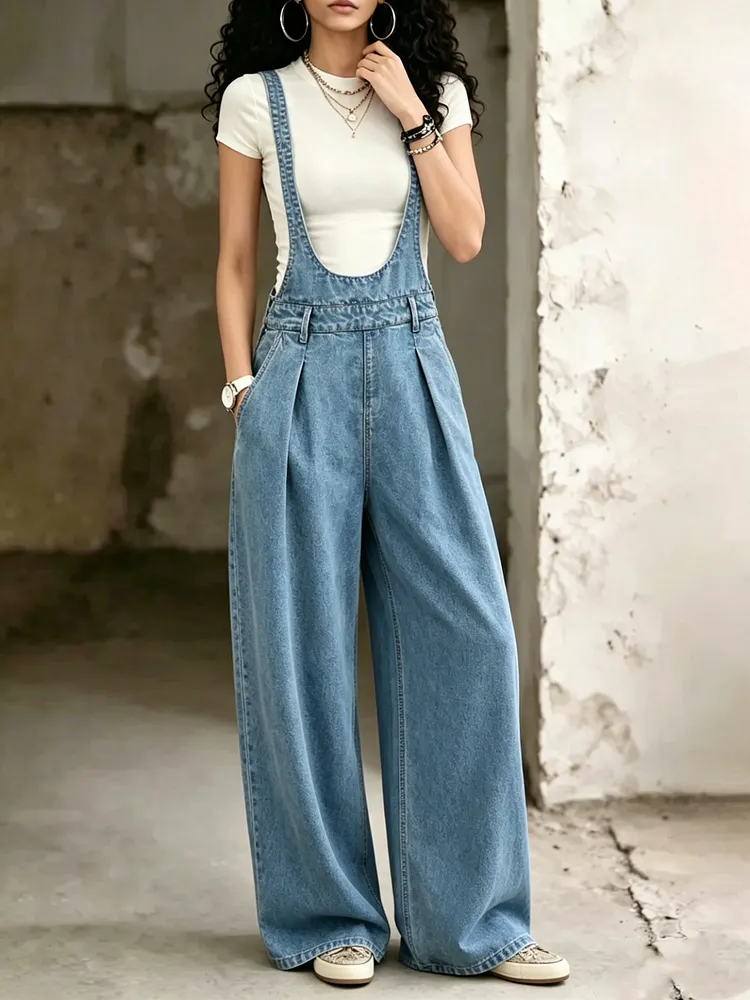 Vintage Pleated Washed Denim Overalls