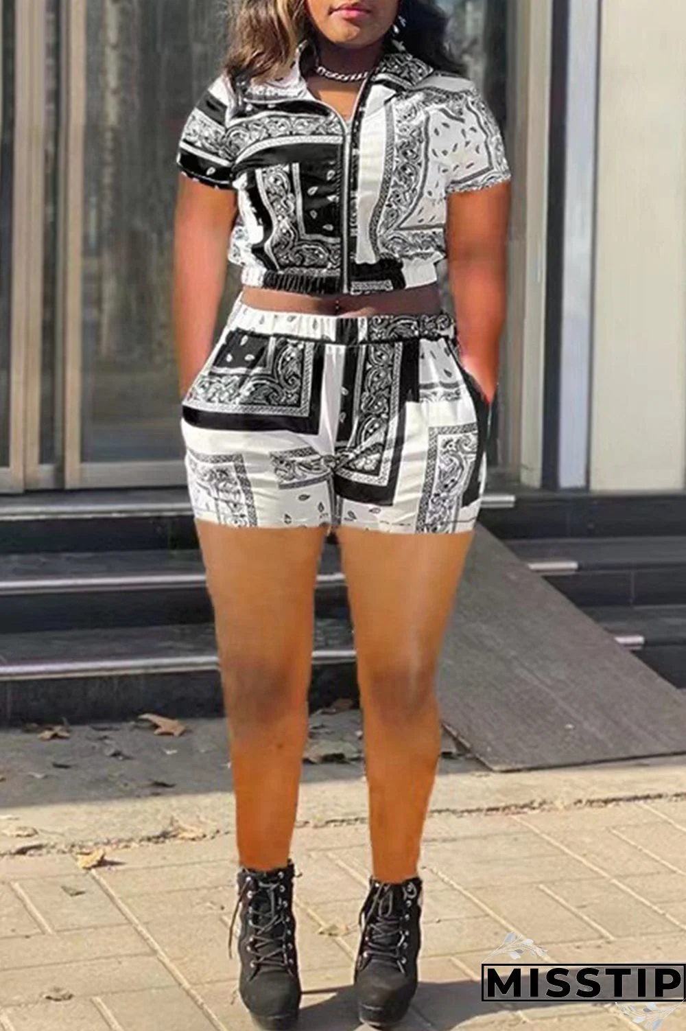 Blue Casual Print Patchwork Zipper Collar Short Sleeve Two Pieces