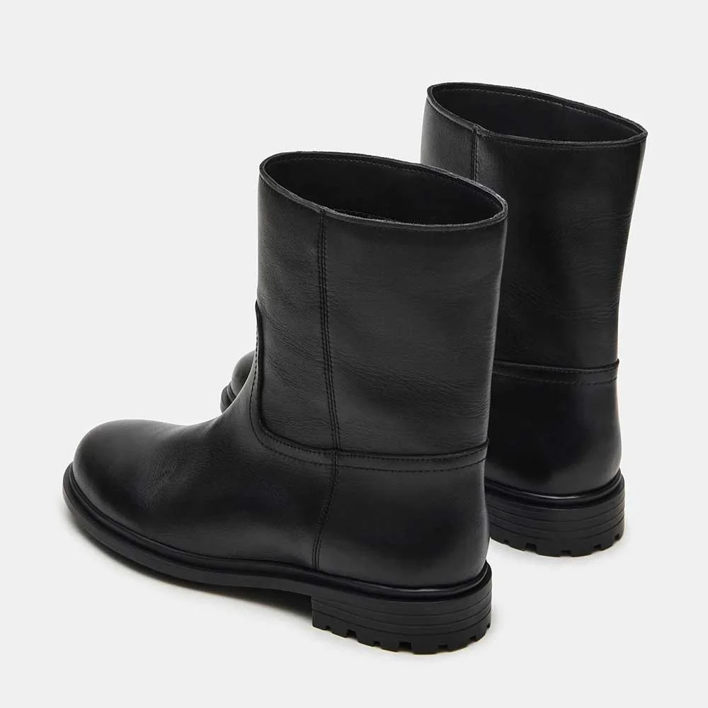 Black Faux Leather Round Toe Low Chunky Heel Short Boots for Women