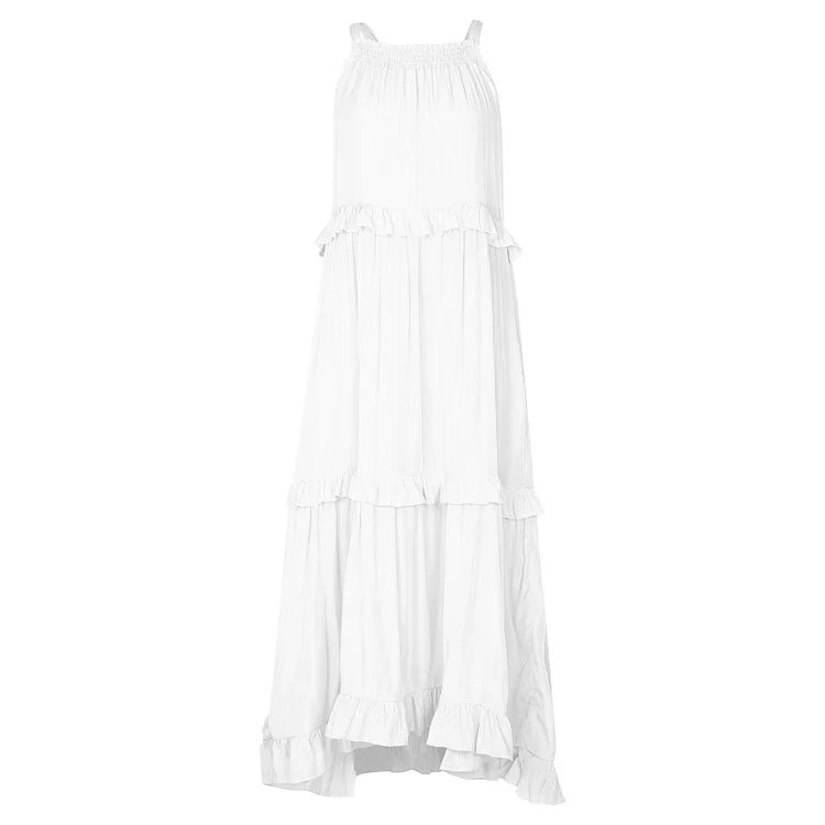 Casual Plain Square Neck Sleeveless Spliced Ruffle Maxi Tank Dress